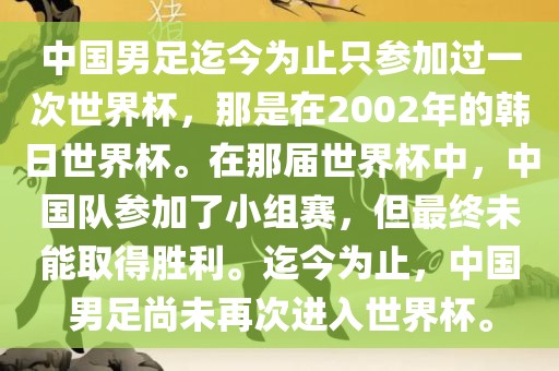 中国男足迄今为止只参加过一次世界杯，那是在2002年的韩日世界杯。在那届世界杯中，中国队参加了小组赛，但最终未能取得胜利。迄今为止，中国男足尚未再次进入世界杯。