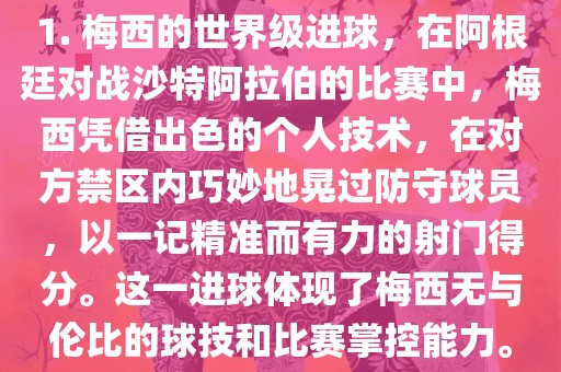 1. 梅西的世界级进球，在阿根廷对战沙特阿拉伯的比赛中，梅西凭借出色的个人技术，在对方禁区内巧妙地晃过防守球员，以一记精准而有力的射门得分。这一进球体现了梅西无与伦比的球技和比赛掌控能力。广西贺州市华昌新材料有限公司