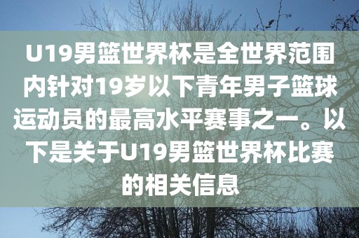U19男篮世界杯是全世界范围内针对19岁以下青年男子篮球运动员的最高水平赛事之一。以下是关于U19男篮世界杯比赛的相关信息广西贺州市华昌新材料有限公司