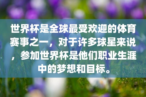 世界杯是全球最受欢迎的体育赛事之一，对于许多球星来说，参加世界杯是他们职业生涯中的梦想和目标。