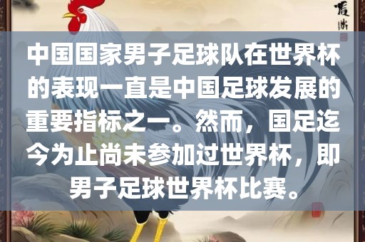 中国国家男子足球队在世界杯的表现一直是中国足球发展的重要指标之一。然而，国足迄今为止尚未参加过世界杯，即男子足球世界杯比赛。广西贺州市华昌新材料有限公司