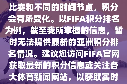 关于世界杯亚洲积分，不同的比赛和不同的时间节点，积分会有所变化。以FIFA积分排名为例，截至我所掌握的信息，暂时无法提供最新的亚洲积分排名情况。建议您访问FIFA官网获取最新的积分信息或关注各大体育新闻网站，以获取实时的世界杯亚洲积分排名。