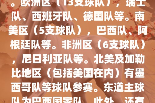 亚洲区（4支球队），澳大利亚队、日本队、韩国队和伊朗队。欧洲区（13支球队），瑞士队、西班牙队、德国队等。南美区（5支球队），巴西队、阿根廷队等。非洲区（6支球队），尼日利亚队等。北美及加勒比地区（包括美国在内）有墨西哥队等球队参赛。东道主球队为巴西国家队。此外，还有哥斯达黎加国家队也参与了此次世界杯比赛。