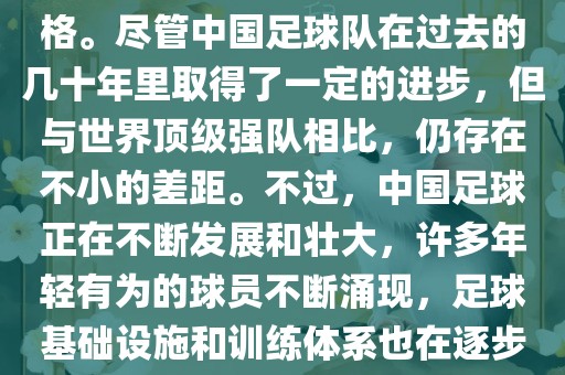 在迄今为止的世界杯足球比赛中，中国队并未获得过参赛资格。尽管中国足球队在过去的几十年里取得了一定的进步，但与世界顶级强队相比，仍存在不小的差距。不过，中国足球正在不断发展和壮大，许多年轻有为的球员不断涌现，足球基础设施和训练体系也在逐步完善。因此，未来中国队仍有可能进入世界杯。