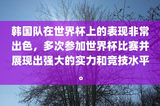 韩国队在世界杯上的表现非常出色，多次参加世界杯比赛并展现出强大的实力和竞技水平。