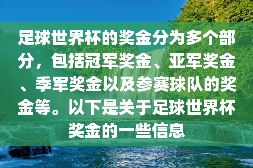 足球世界杯的奖金分为多个部分，包括冠军奖金、亚军奖金、季军奖金以及参赛球队的奖金等。以下是关于足球世界杯奖金的一些信息广西贺州市华昌新材料有限公司