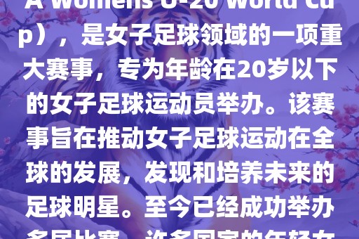 U-20女足世界杯，也被称为国际足联女子U-20世界杯（FIFA Womens U-20 World Cup），是女子足球领域的一项重大赛事，专为年龄在20岁以下的女子足球运动员举办。该赛事旨在推动女子足球运动在全球的发展，发现和培养未来的足球明星。至今已经成功举办多届比赛，许多国家的年轻女足运动员通过这一赛事获得了国际认可和赞誉。