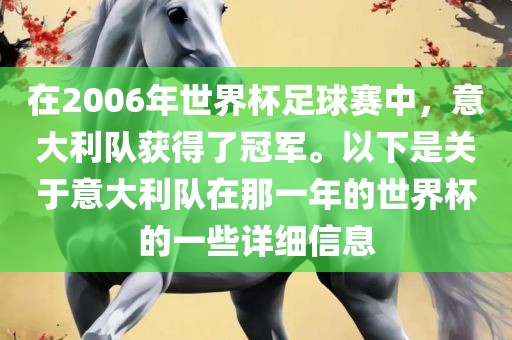 在2006年世界杯足球赛中，意大利队获得了冠军。以下是关于意大利队在那一年的世界杯的一些详细信息