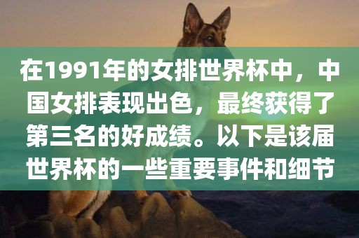 在1991年的女排世界杯中，中国女排表现出色，最终获得了第三名的好成绩。以下是该届世界杯的一些重要事件和细节