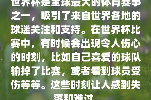 世界杯是全球最大的体育赛事之一，吸引了来自世界各地的球迷关注和支持。在世界杯比赛中，有时候会出现令人伤心的时刻，比如自己喜爱的球队输掉了比赛，或者看到球员受伤等等。这些时刻让人感到失落和难过。广西贺州市华昌新材料有限公司