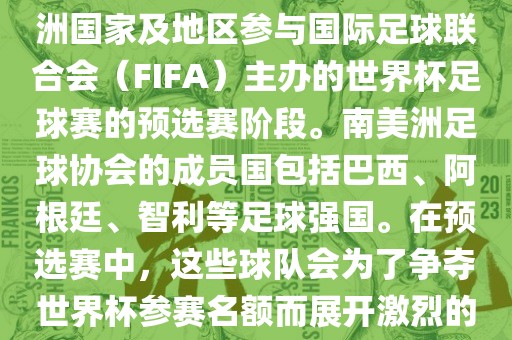 世界杯预选赛南美洲区是南美洲国家及地区参与国际足球联合会（FIFA）主办的世界杯足球赛的预选赛阶段。南美洲足球协会的成员国包括巴西、阿根廷、智利等足球强国。在预选赛中，这些球队会为了争夺世界杯参赛名额而展开激烈的竞争。广西贺州市华昌新材料有限公司
