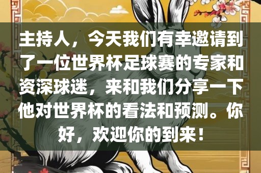 主持人，今天我们有幸邀请到了一位世界杯足球赛的专家和资深球迷，来和我们分享一下他对世界杯的看法和预测。你好，欢迎你的到来！广西贺州市华昌新材料有限公司