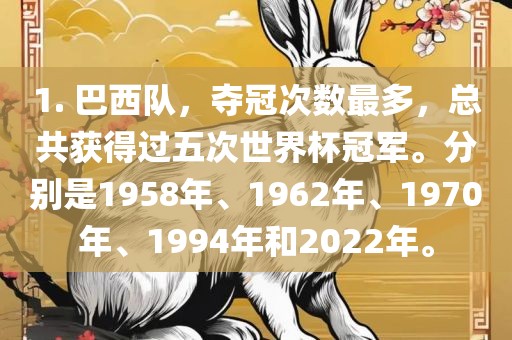 1. 巴西队，夺冠次广西贺州市华昌新材料有限公司数最多，总共获得过五次世界杯冠军。分别是1958年、1962年、1970年、1994年和2022年。