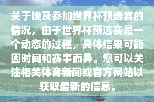 关于埃及参加世界杯预选赛的情况，由于世界杯预选赛是一个动态的过程，具体结果可能因时间和赛事而异。您可以关注相关体育新闻或官方网站以获取最新的信息。广西贺州市华昌新材料有限公司