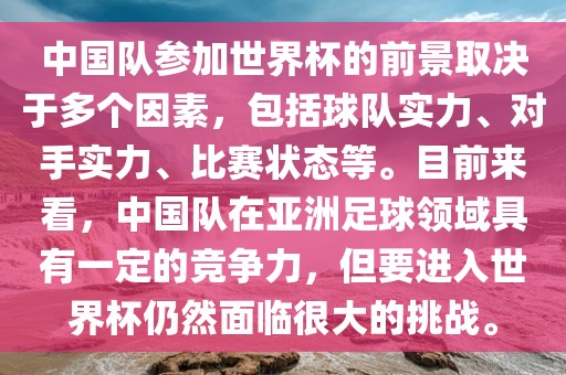 中国队参加世界杯的前景取决于多个因素，包括球队实力、对手实力、比赛状态等。目前来看，中国队在亚洲足球领域具有一定的竞争力，但要进入世界杯仍然面临很大的挑战。广西贺州市华昌新材料有限公司