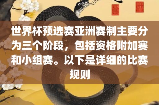世界杯预选赛亚洲赛制主要分为三个阶段，包括资格附加赛和小组赛。以下是详细的比赛规则