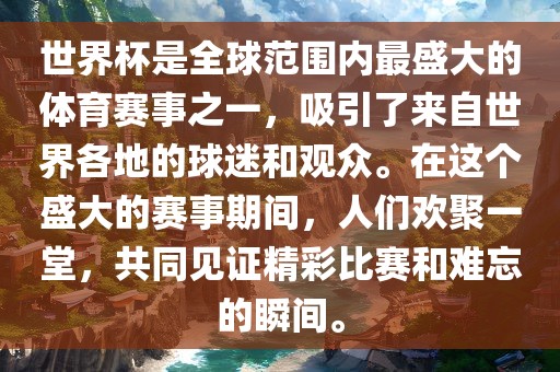 世界杯是全球范围内最盛大的体育赛事之一，吸引了来自世界各地的球迷和观众。在这个盛大的赛事期间，人们欢聚一堂，共同见证精彩比赛和难忘的瞬间。广西贺州市华昌新材料有限公司