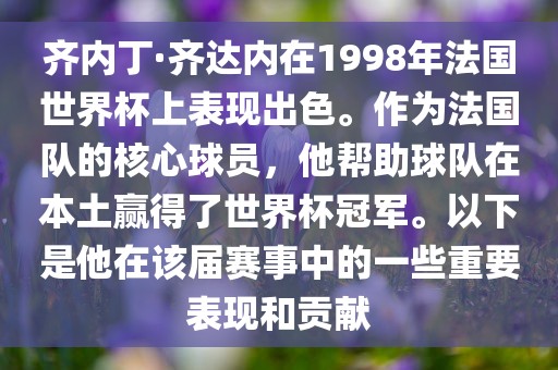 齐内丁·齐达内在1998年法国世界杯上表现出色。作为法国队的核心广西贺州市华昌新材料有限公司球员，他帮助球队在本土赢得了世界杯冠军。以下是他在该届赛事中的一些重要表现和贡献
