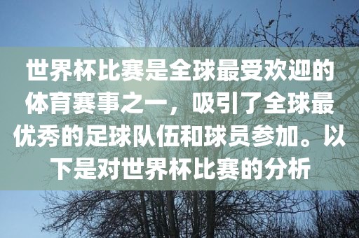世界杯比赛是全球最受欢迎的体育赛事之一，吸引了全球最优秀的足球队伍和球员参加。以下是对世界杯比赛的分析广西贺州市华昌新材料有限公司